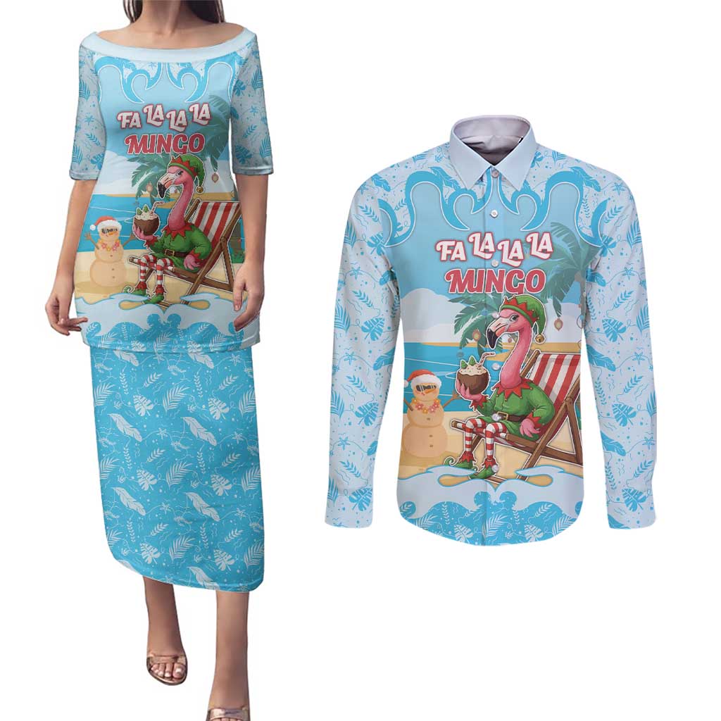 Christmas In July Couples Matching Puletasi and Long Sleeve Button Shirt I Am The Flamingo Elf - Wonder Print Shop
