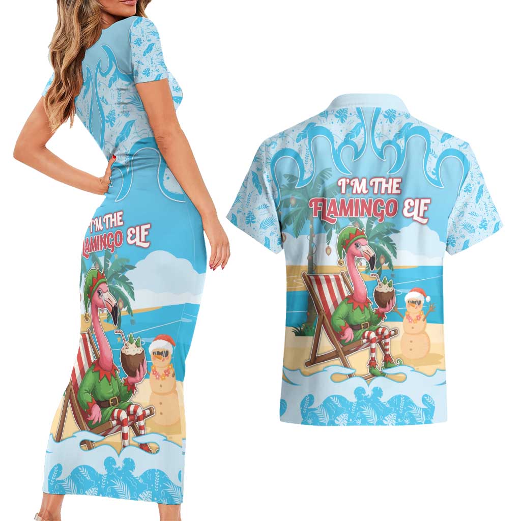Christmas In July Couples Matching Short Sleeve Bodycon Dress and Hawaiian Shirt I Am The Flamingo Elf - Wonder Print Shop
