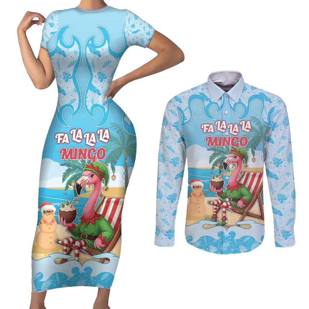 Christmas In July Couples Matching Short Sleeve Bodycon Dress and Long Sleeve Button Shirt I Am The Flamingo Elf - Wonder Print Shop