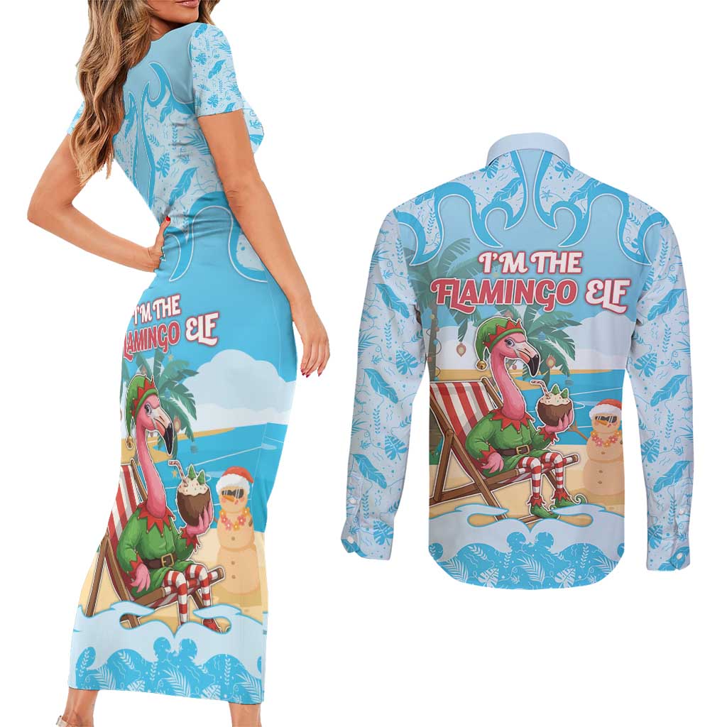 Christmas In July Couples Matching Short Sleeve Bodycon Dress and Long Sleeve Button Shirt I Am The Flamingo Elf - Wonder Print Shop