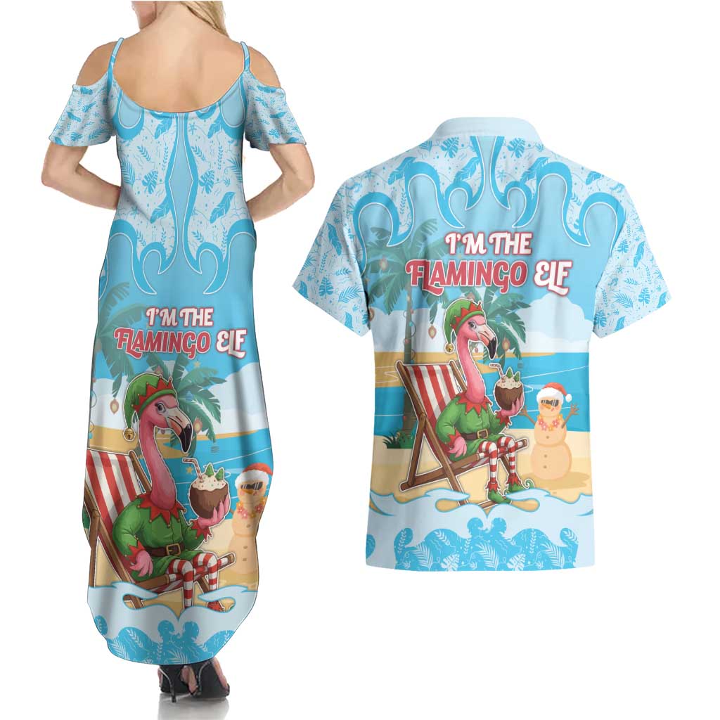 Christmas In July Couples Matching Summer Maxi Dress and Hawaiian Shirt I Am The Flamingo Elf - Wonder Print Shop