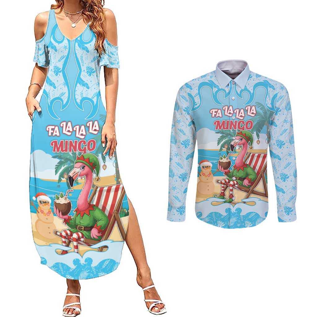 Christmas In July Couples Matching Summer Maxi Dress and Long Sleeve Button Shirt I Am The Flamingo Elf - Wonder Print Shop