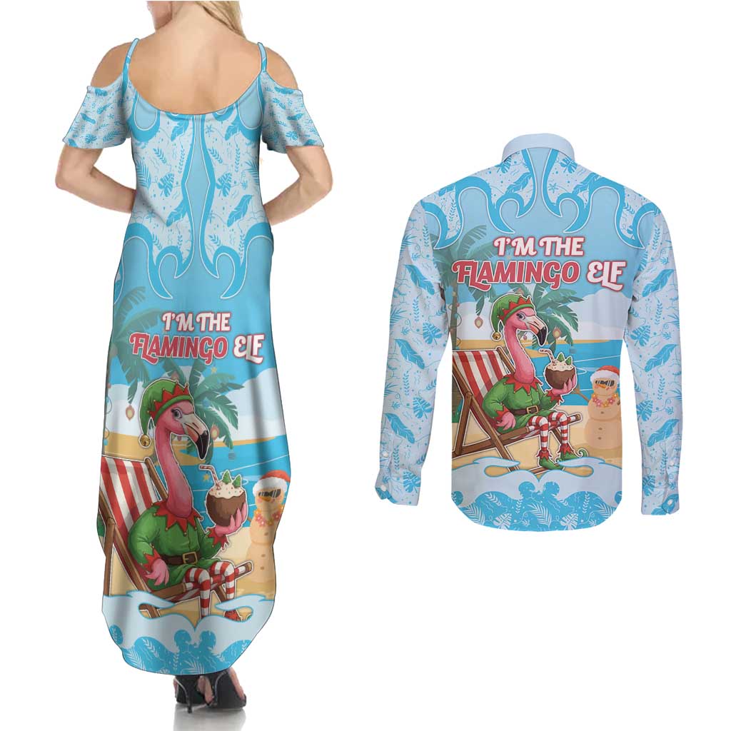 Christmas In July Couples Matching Summer Maxi Dress and Long Sleeve Button Shirt I Am The Flamingo Elf - Wonder Print Shop