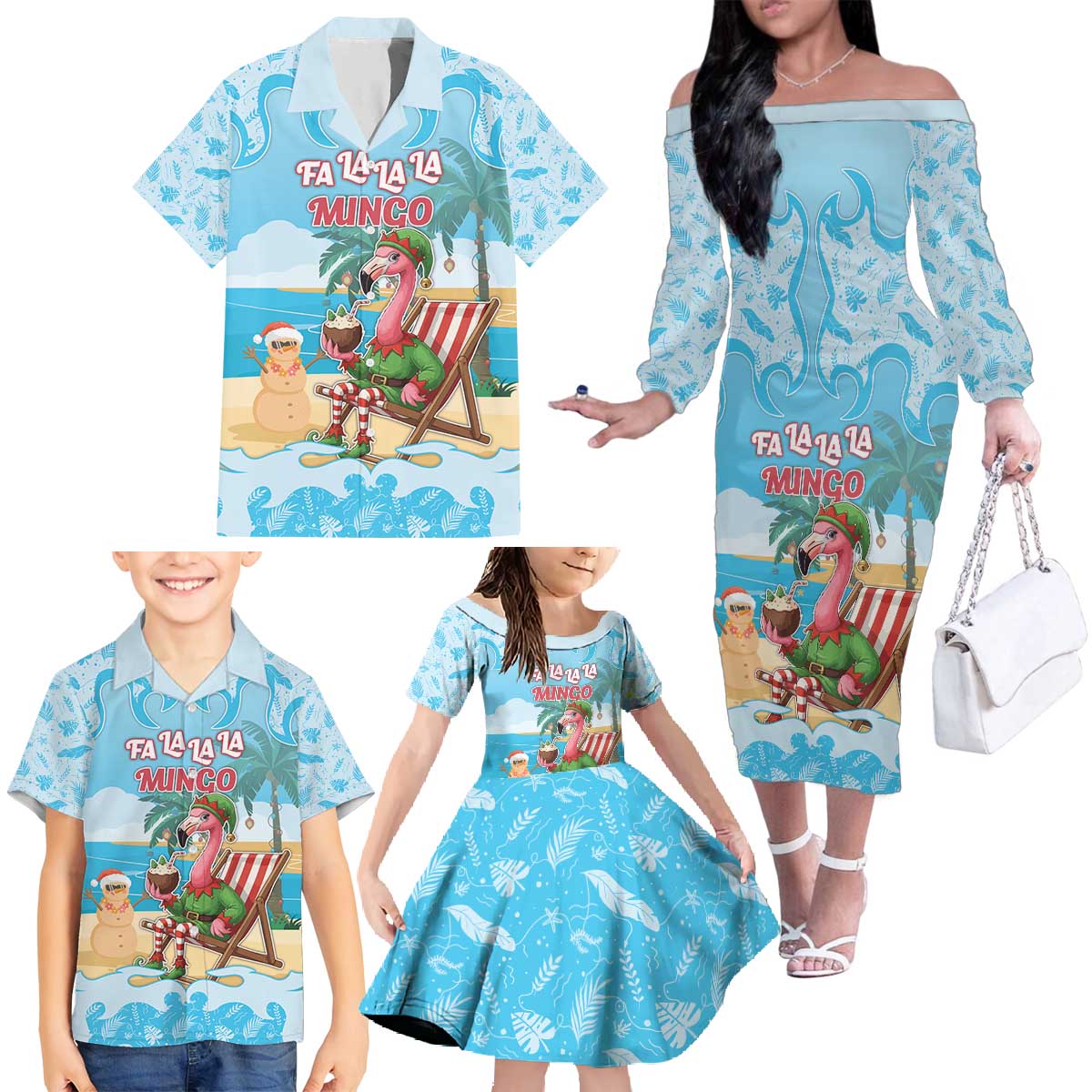 Christmas In July Family Matching Off The Shoulder Long Sleeve Dress and Hawaiian Shirt I Am The Flamingo Elf - Wonder Print Shop