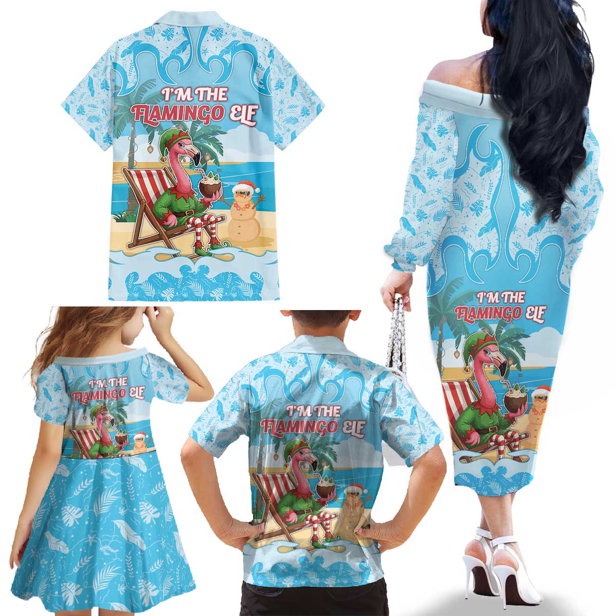 Christmas In July Family Matching Off The Shoulder Long Sleeve Dress and Hawaiian Shirt I Am The Flamingo Elf - Wonder Print Shop