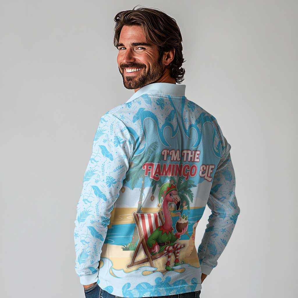 Christmas In July Long Sleeve Polo Shirt I Am The Flamingo Elf - Wonder Print Shop