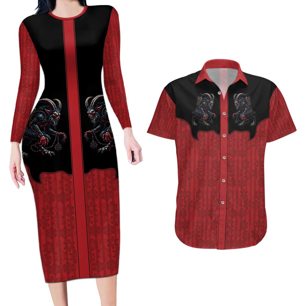 Western Yoke Couples Matching Long Sleeve Bodycon Dress and Hawaiian Shirt Krampus Christmas Horror Style - Wonder Print Shop