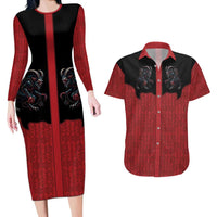 Western Yoke Couples Matching Long Sleeve Bodycon Dress and Hawaiian Shirt Krampus Christmas Horror Style - Wonder Print Shop