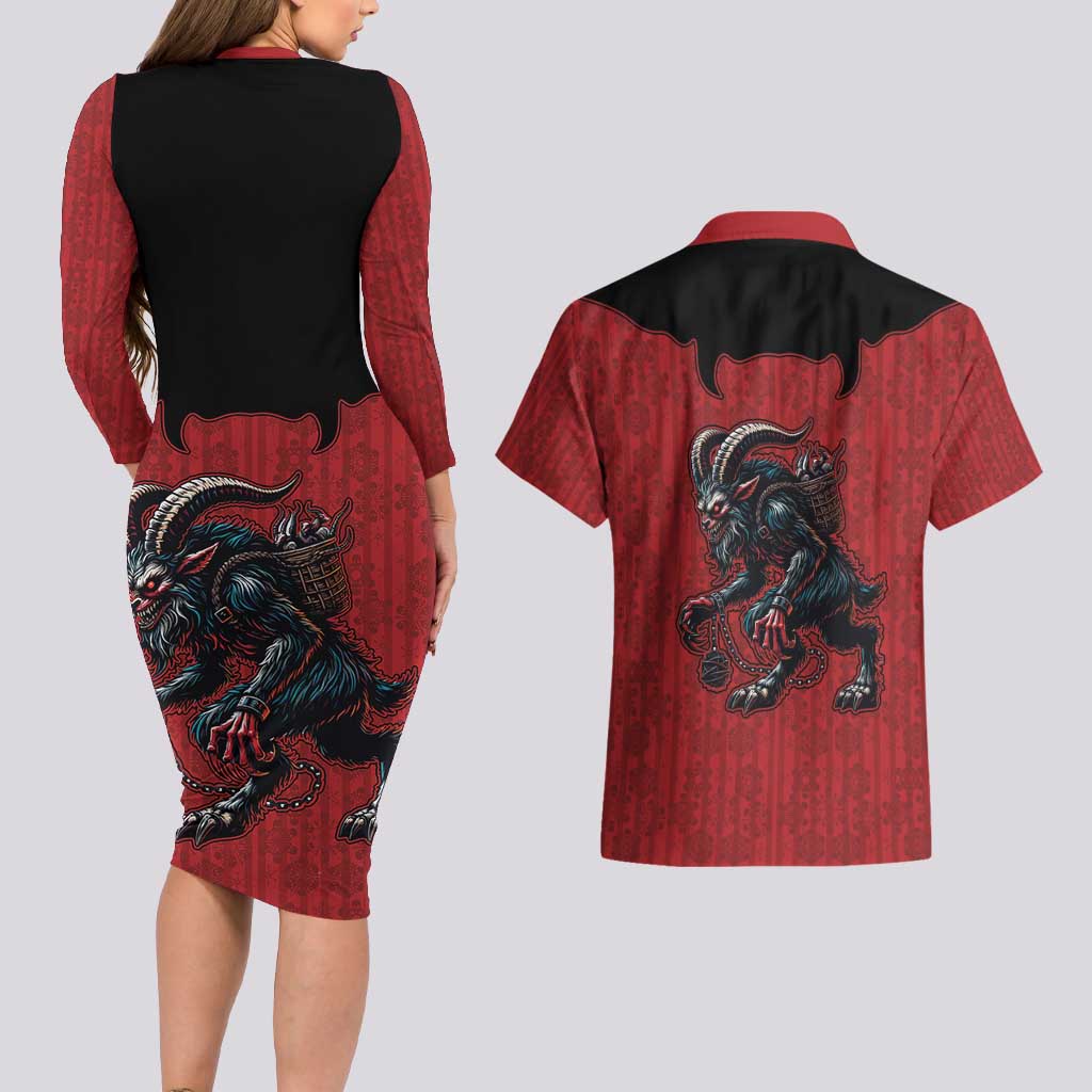 Western Yoke Couples Matching Long Sleeve Bodycon Dress and Hawaiian Shirt Krampus Christmas Horror Style - Wonder Print Shop