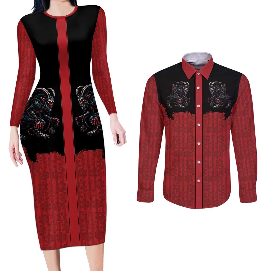 Western Yoke Couples Matching Long Sleeve Bodycon Dress and Long Sleeve Button Shirt Krampus Christmas Horror Style - Wonder Print Shop