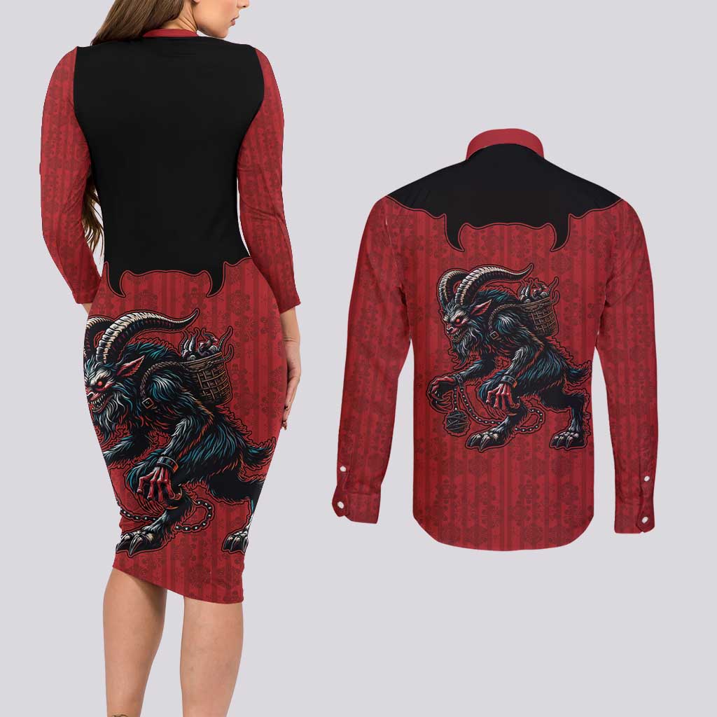 Western Yoke Couples Matching Long Sleeve Bodycon Dress and Long Sleeve Button Shirt Krampus Christmas Horror Style - Wonder Print Shop