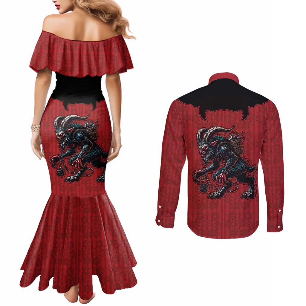 Western Yoke Couples Matching Mermaid Dress and Long Sleeve Button Shirt Krampus Christmas Horror Style - Wonder Print Shop