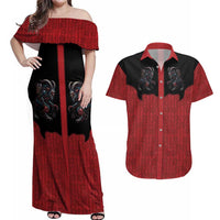 Western Yoke Couples Matching Off Shoulder Maxi Dress and Hawaiian Shirt Krampus Christmas Horror Style - Wonder Print Shop