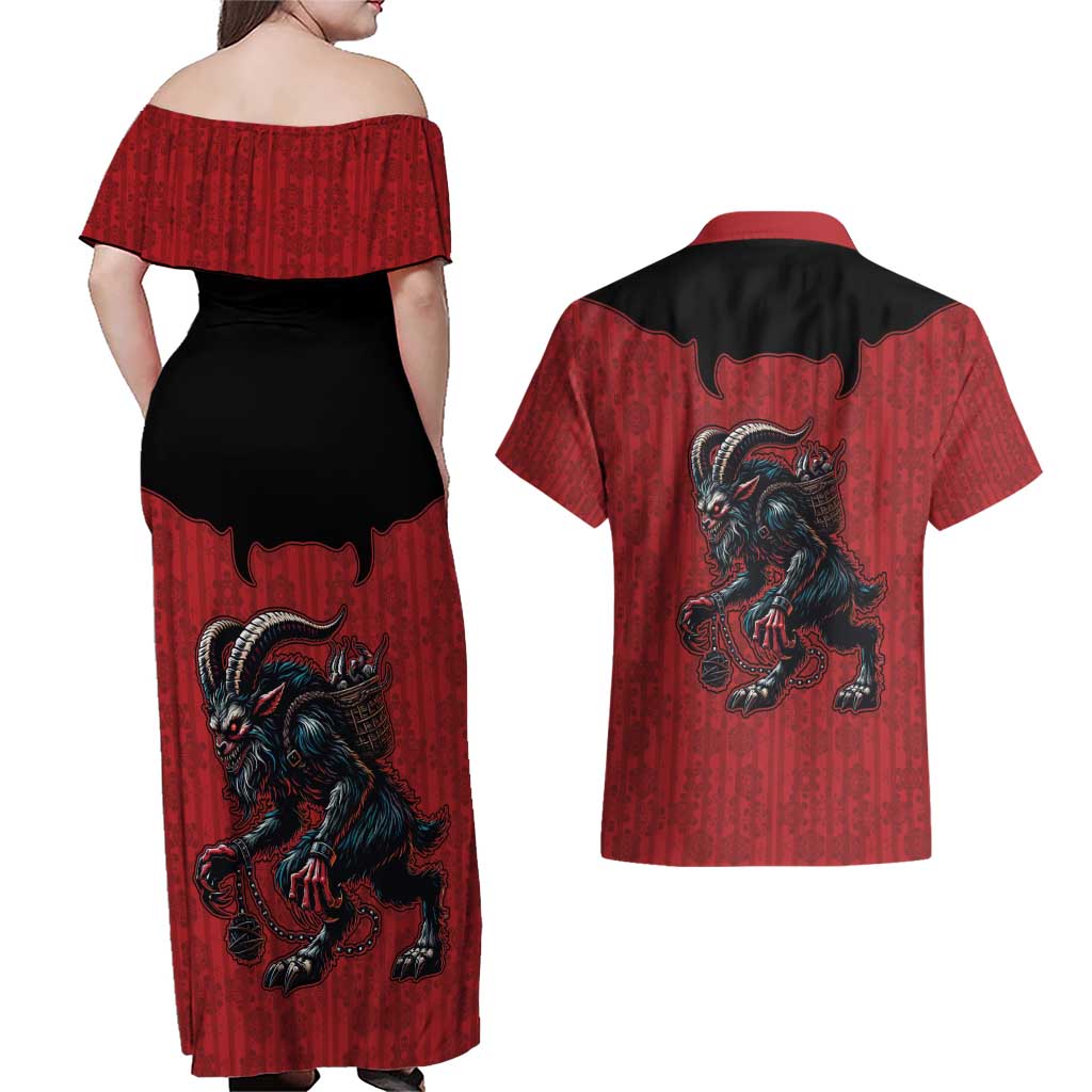 Western Yoke Couples Matching Off Shoulder Maxi Dress and Hawaiian Shirt Krampus Christmas Horror Style - Wonder Print Shop