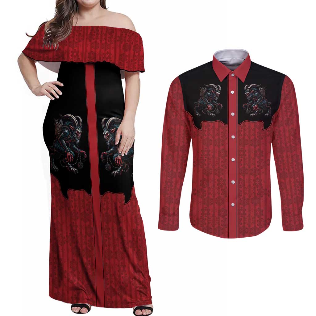 Western Yoke Couples Matching Off Shoulder Maxi Dress and Long Sleeve Button Shirt Krampus Christmas Horror Style - Wonder Print Shop