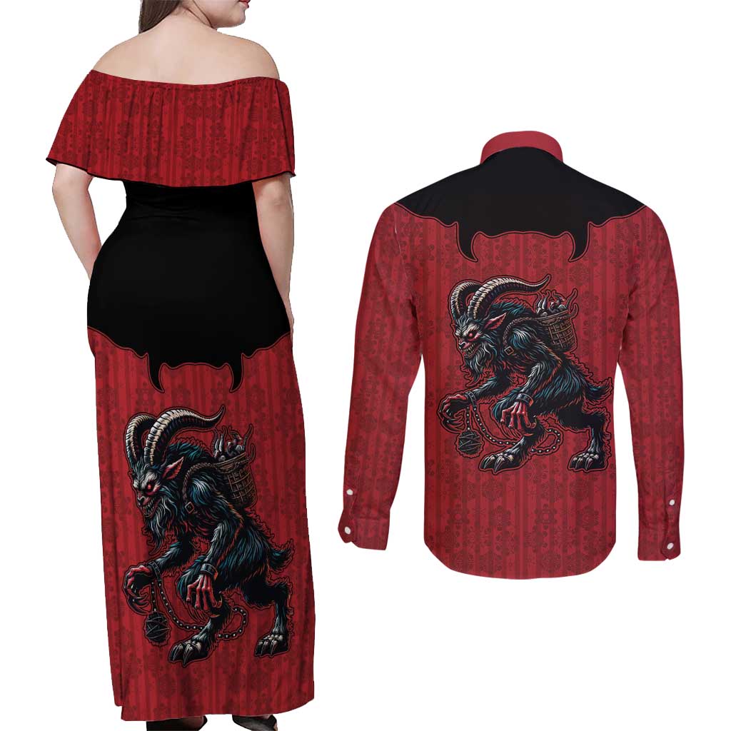 Western Yoke Couples Matching Off Shoulder Maxi Dress and Long Sleeve Button Shirt Krampus Christmas Horror Style - Wonder Print Shop