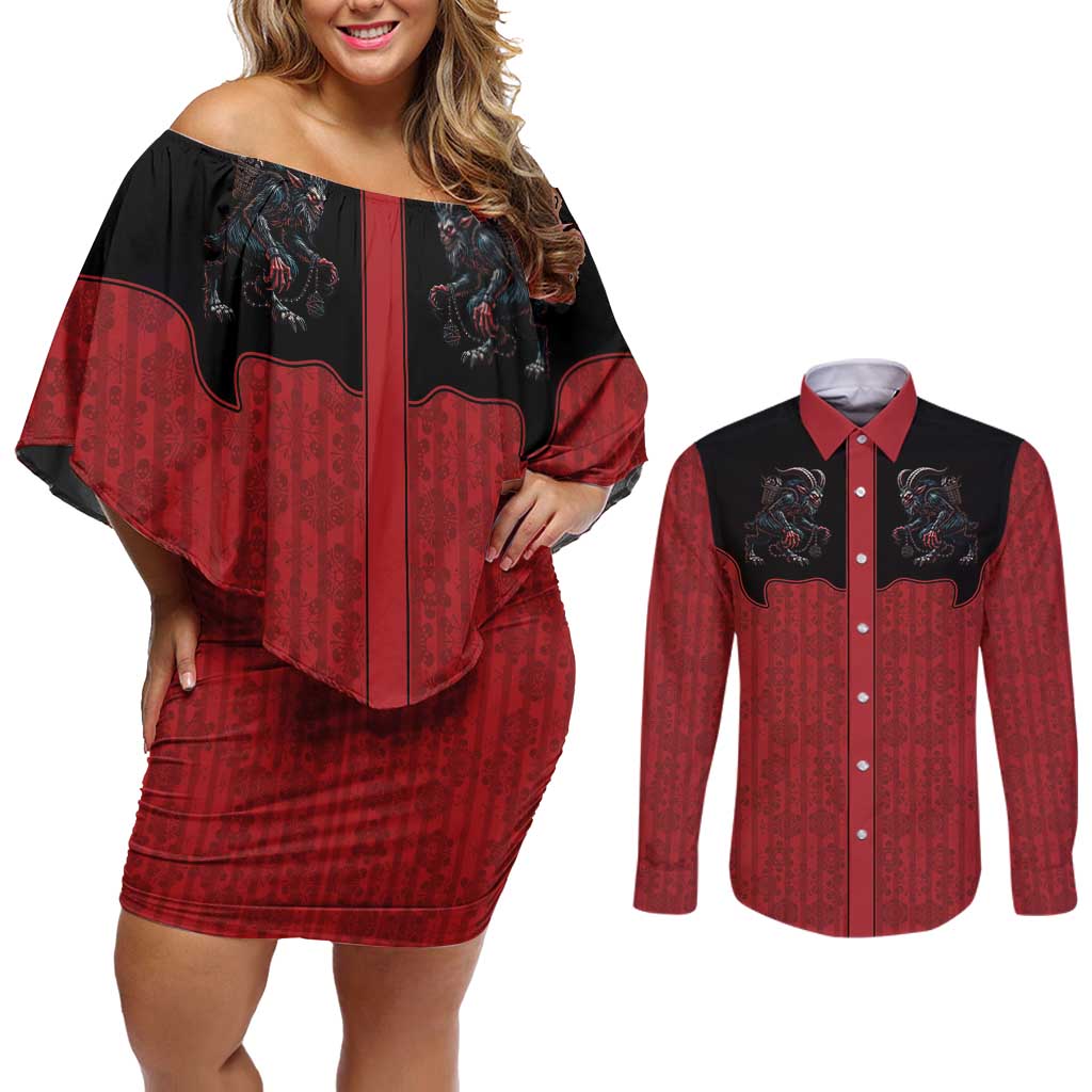 Western Yoke Couples Matching Off Shoulder Short Dress and Long Sleeve Button Shirt Krampus Christmas Horror Style - Wonder Print Shop