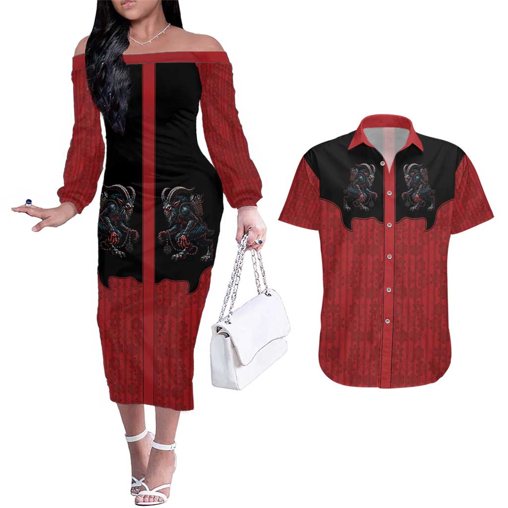 Western Yoke Couples Matching Off The Shoulder Long Sleeve Dress and Hawaiian Shirt Krampus Christmas Horror Style - Wonder Print Shop