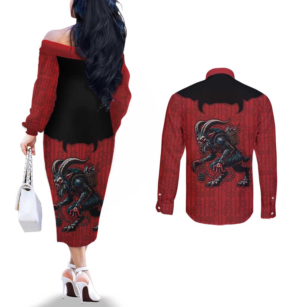 Western Yoke Couples Matching Off The Shoulder Long Sleeve Dress and Long Sleeve Button Shirt Krampus Christmas Horror Style - Wonder Print Shop