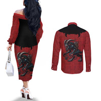 Western Yoke Couples Matching Off The Shoulder Long Sleeve Dress and Long Sleeve Button Shirt Krampus Christmas Horror Style - Wonder Print Shop