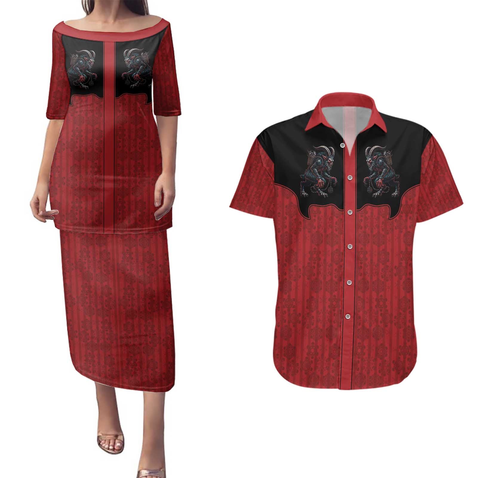 Western Yoke Couples Matching Puletasi and Hawaiian Shirt Krampus Christmas Horror Style - Wonder Print Shop