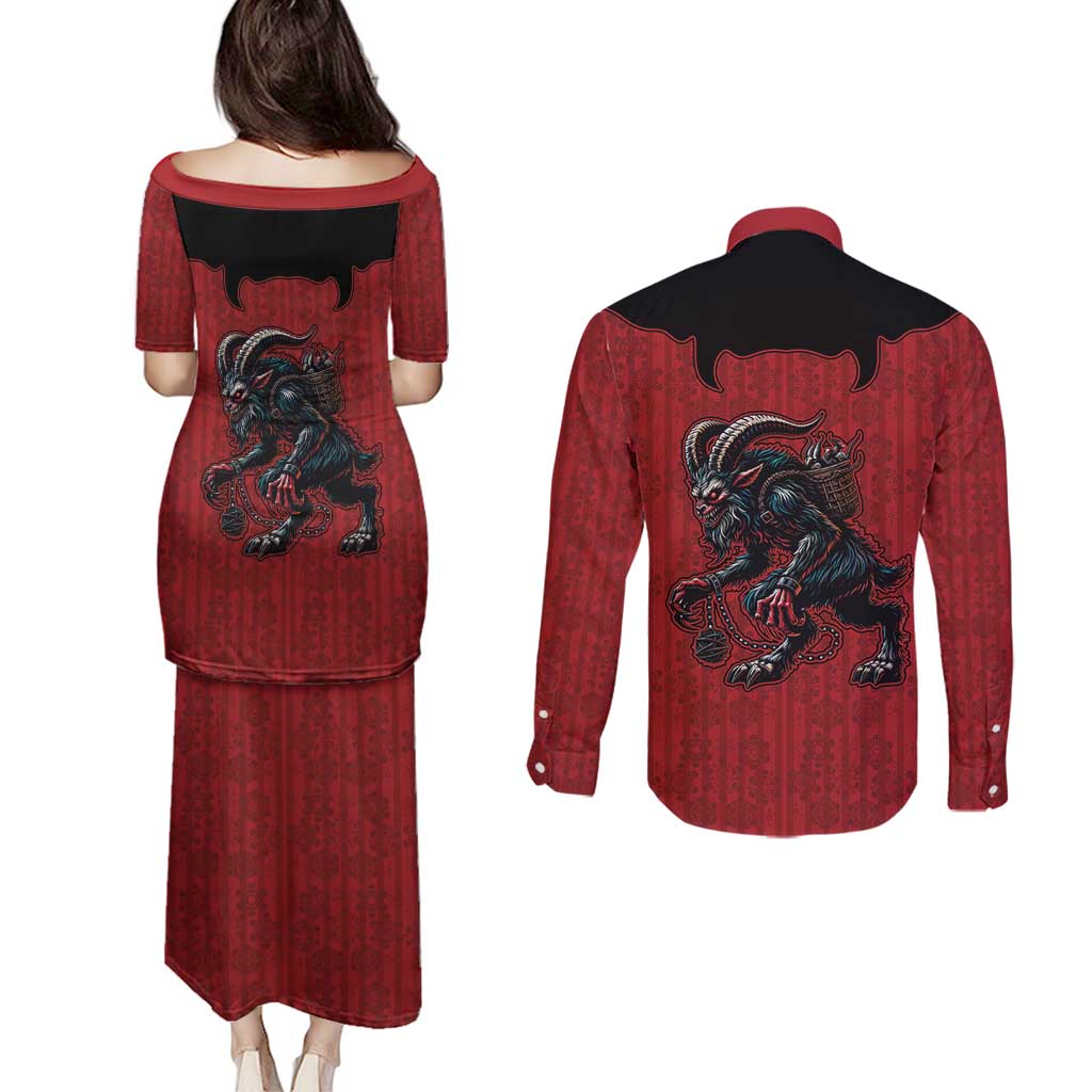 Western Yoke Couples Matching Puletasi and Long Sleeve Button Shirt Krampus Christmas Horror Style - Wonder Print Shop