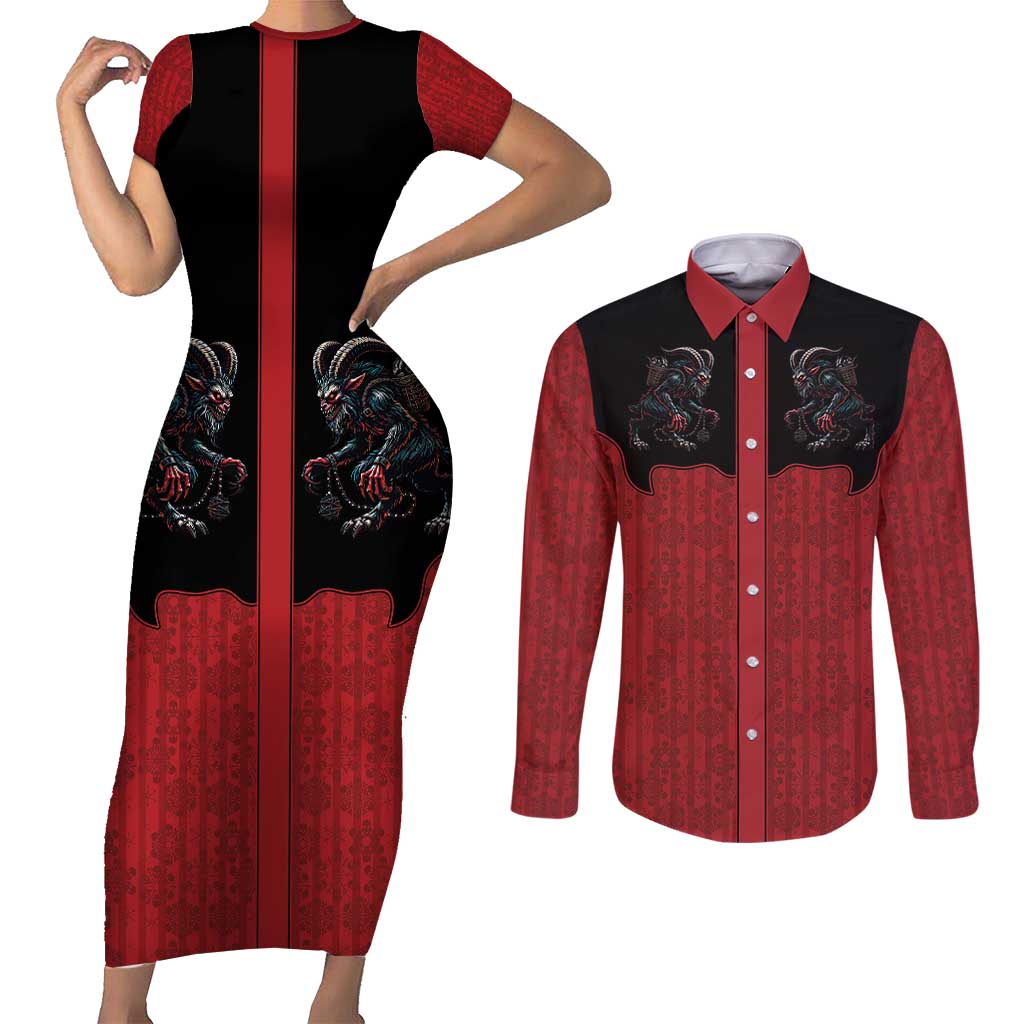 Western Yoke Couples Matching Short Sleeve Bodycon Dress and Long Sleeve Button Shirt Krampus Christmas Horror Style - Wonder Print Shop