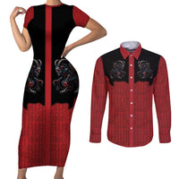 Western Yoke Couples Matching Short Sleeve Bodycon Dress and Long Sleeve Button Shirt Krampus Christmas Horror Style - Wonder Print Shop