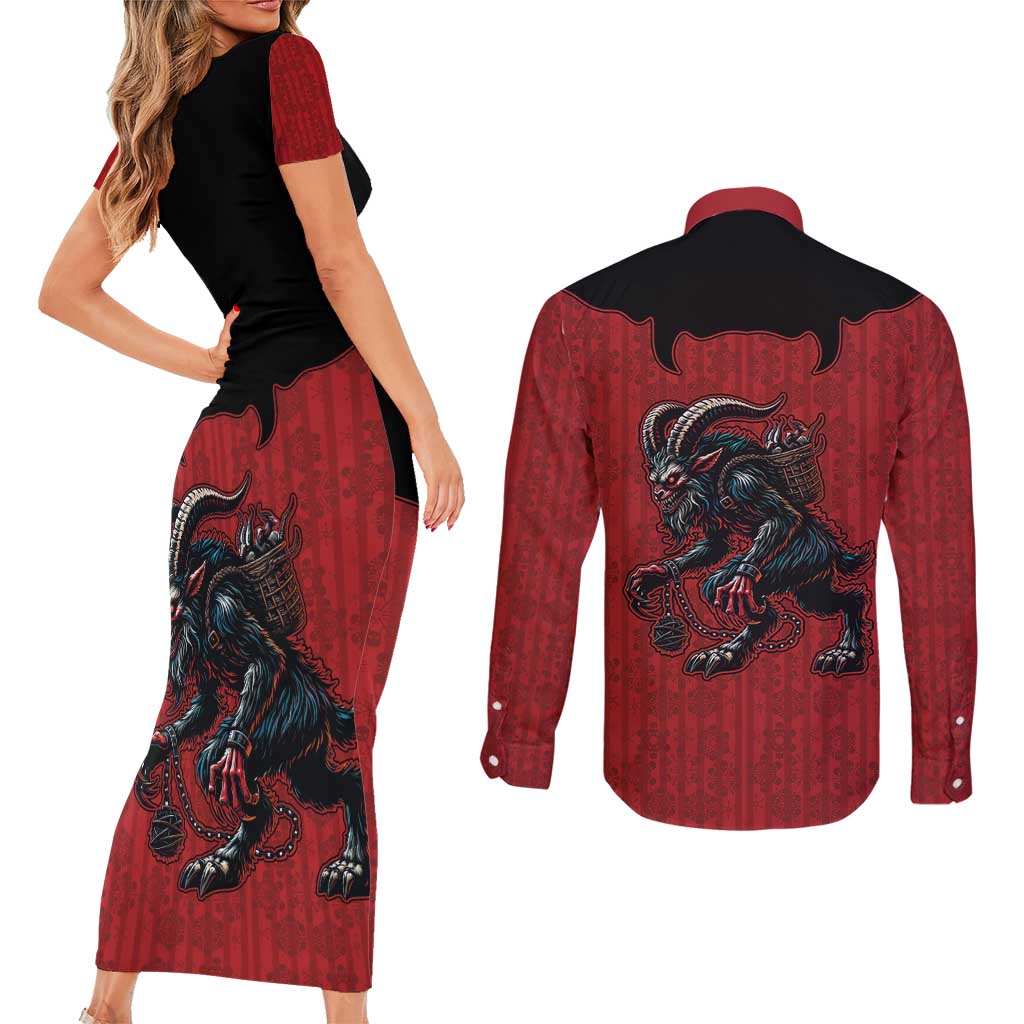 Western Yoke Couples Matching Short Sleeve Bodycon Dress and Long Sleeve Button Shirt Krampus Christmas Horror Style - Wonder Print Shop