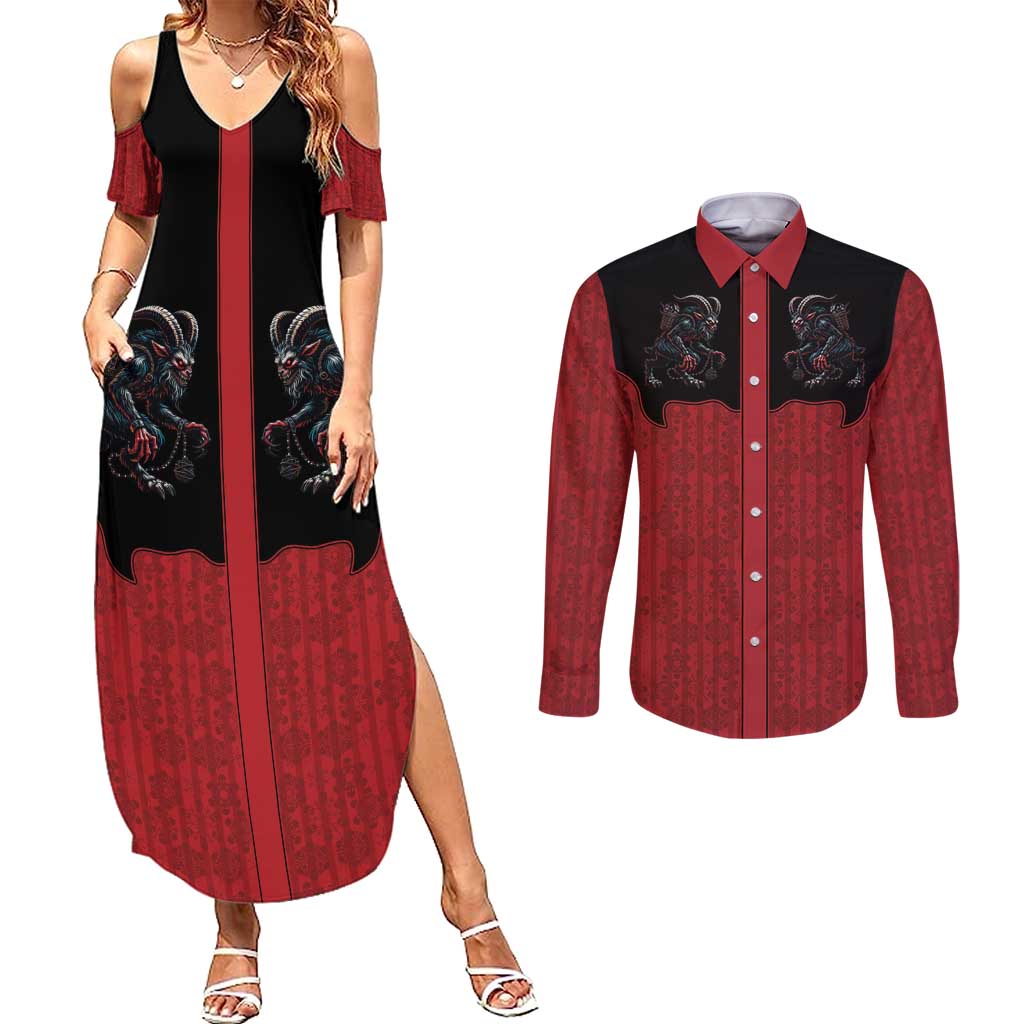 Western Yoke Couples Matching Summer Maxi Dress and Long Sleeve Button Shirt Krampus Christmas Horror Style - Wonder Print Shop