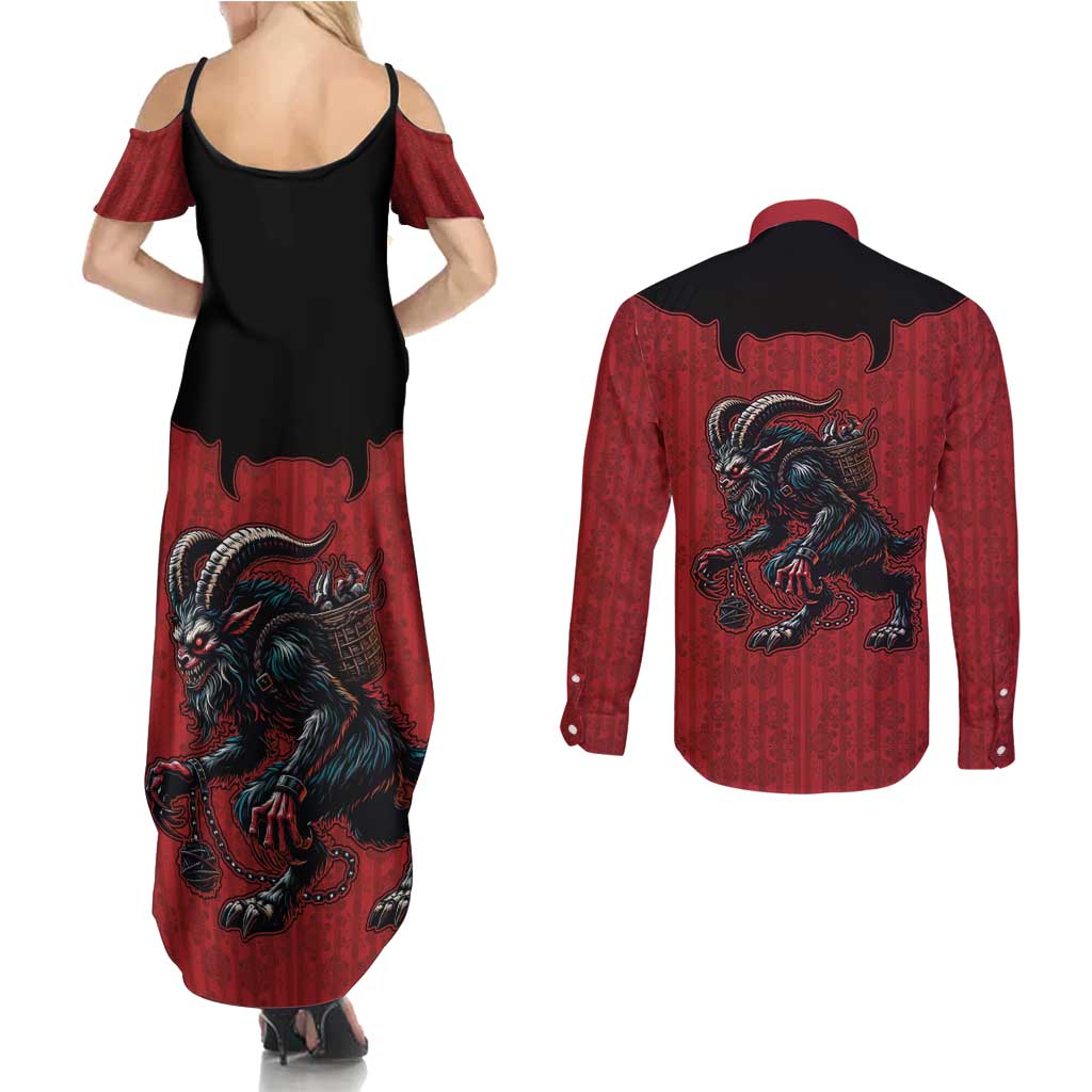 Western Yoke Couples Matching Summer Maxi Dress and Long Sleeve Button Shirt Krampus Christmas Horror Style - Wonder Print Shop