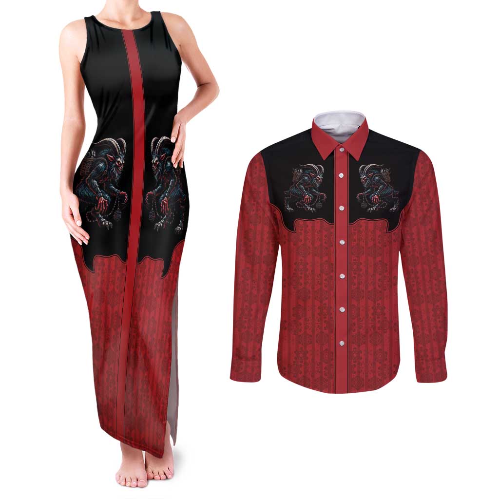 Western Yoke Couples Matching Tank Maxi Dress and Long Sleeve Button Shirt Krampus Christmas Horror Style - Wonder Print Shop