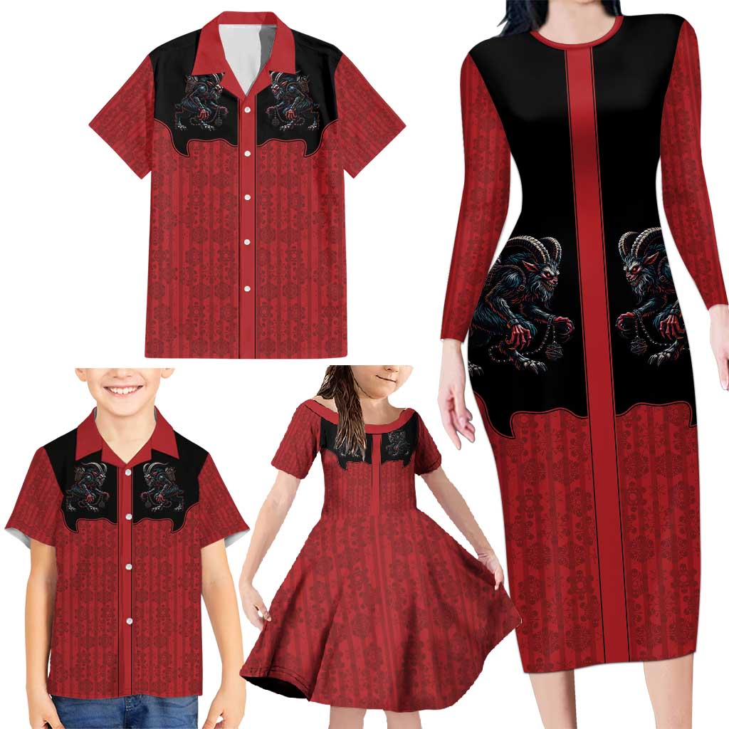 Western Yoke Family Matching Long Sleeve Bodycon Dress and Hawaiian Shirt Krampus Christmas Horror Style - Wonder Print Shop