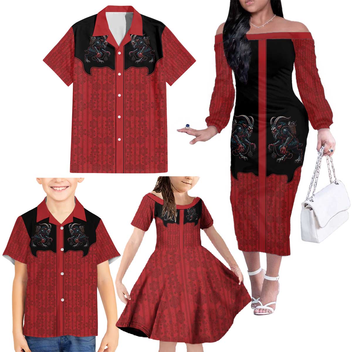 Western Yoke Family Matching Off The Shoulder Long Sleeve Dress and Hawaiian Shirt Krampus Christmas Horror Style - Wonder Print Shop