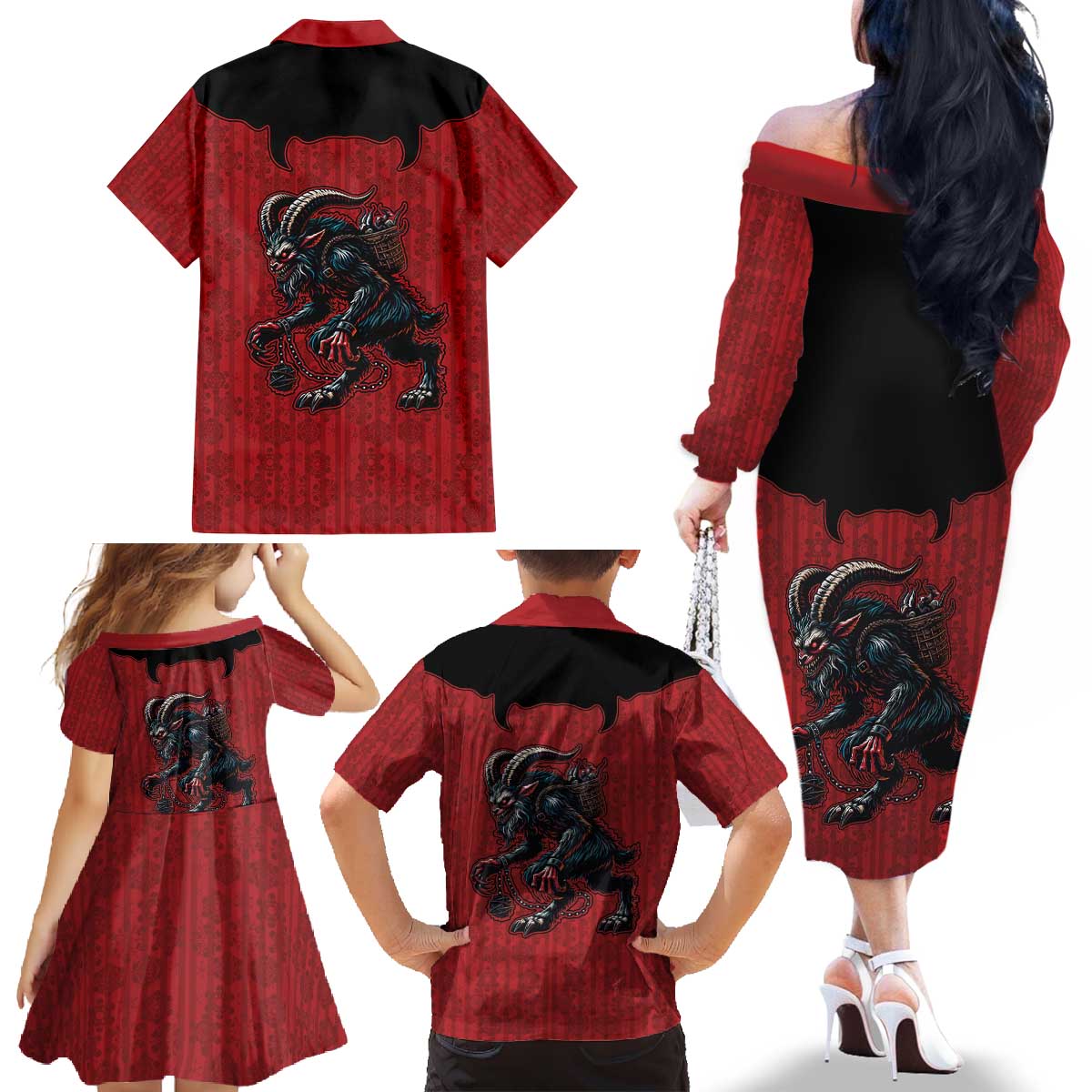 Western Yoke Family Matching Off The Shoulder Long Sleeve Dress and Hawaiian Shirt Krampus Christmas Horror Style - Wonder Print Shop