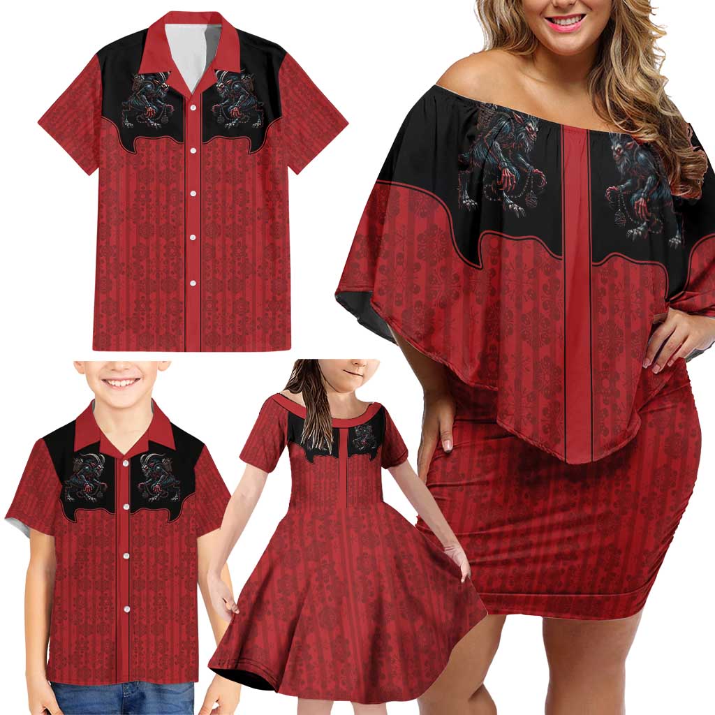 Western Yoke Family Matching Off Shoulder Short Dress and Hawaiian Shirt Krampus Christmas Horror Style - Wonder Print Shop