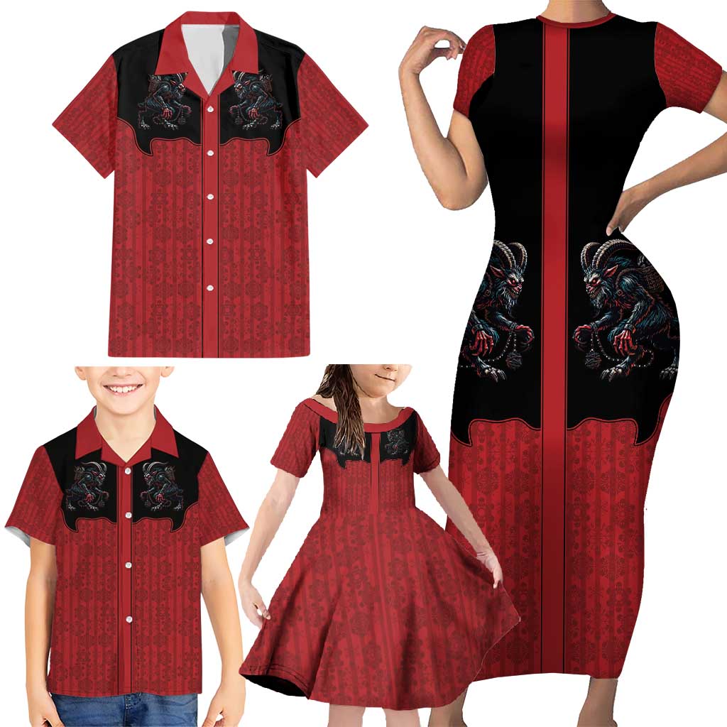 Western Yoke Family Matching Short Sleeve Bodycon Dress and Hawaiian Shirt Krampus Christmas Horror Style - Wonder Print Shop