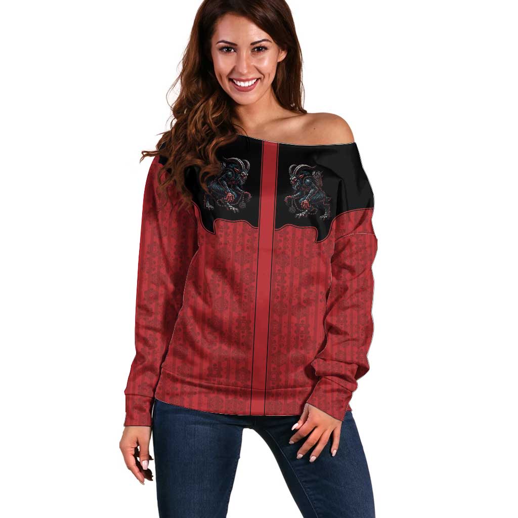 Western Yoke Off Shoulder Sweater Krampus Christmas Horror Style - Wonder Print Shop