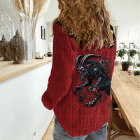 Western Yoke Women Casual Shirt Krampus Christmas Horror Style - Wonder Print Shop