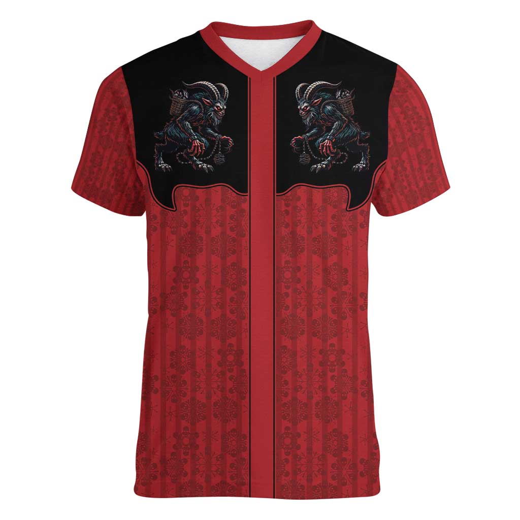 Western Yoke Women V-Neck T-Shirt Krampus Christmas Horror Style - Wonder Print Shop