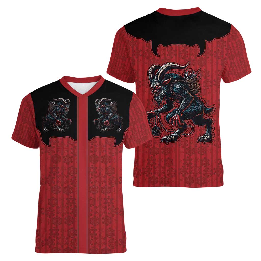 Western Yoke Women V-Neck T-Shirt Krampus Christmas Horror Style - Wonder Print Shop