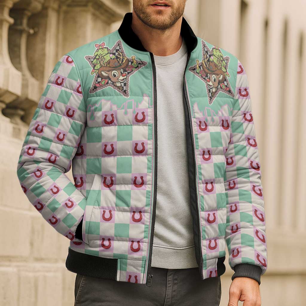 Western Yoke Bomber Puffer Jacket Rudolph Cowboy Christmas Retro Style - Wonder Print Shop
