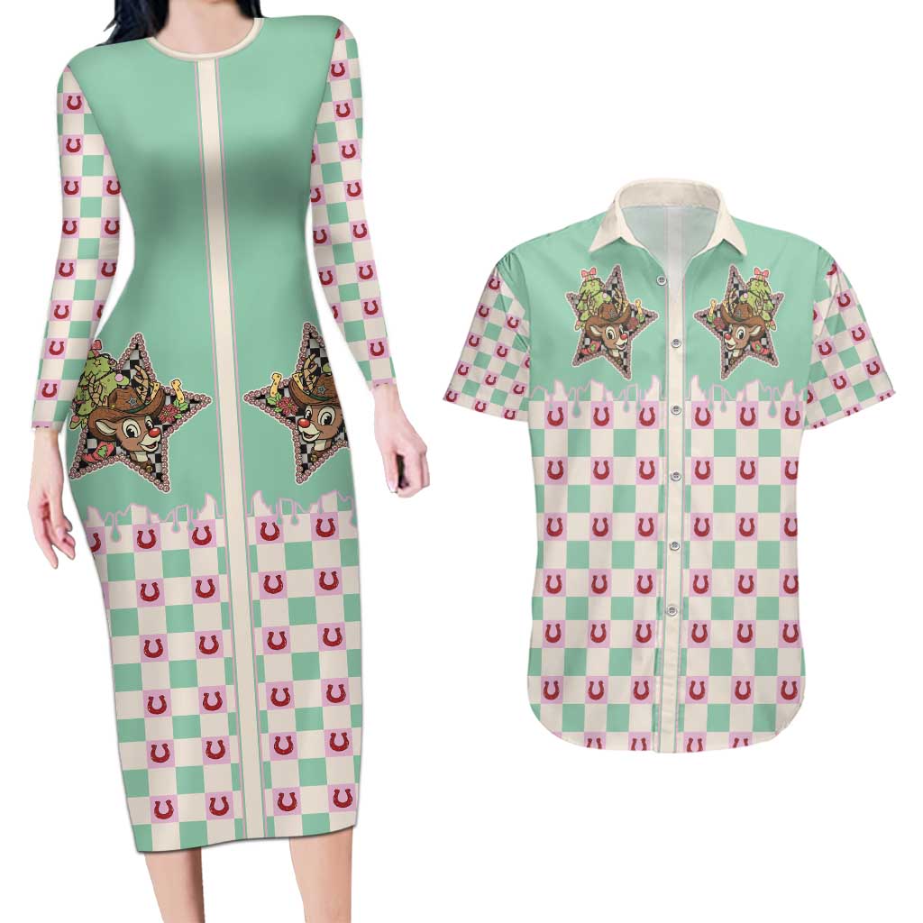 Western Yoke Couples Matching Long Sleeve Bodycon Dress and Hawaiian Shirt Rudolph Cowboy Christmas Retro Style - Wonder Print Shop
