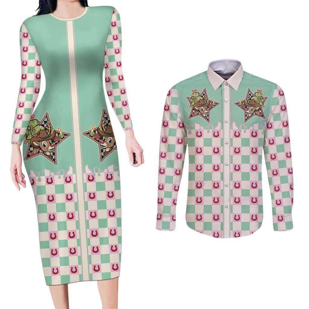 Western Yoke Couples Matching Long Sleeve Bodycon Dress and Long Sleeve Button Shirt Rudolph Cowboy Christmas Retro Style - Wonder Print Shop