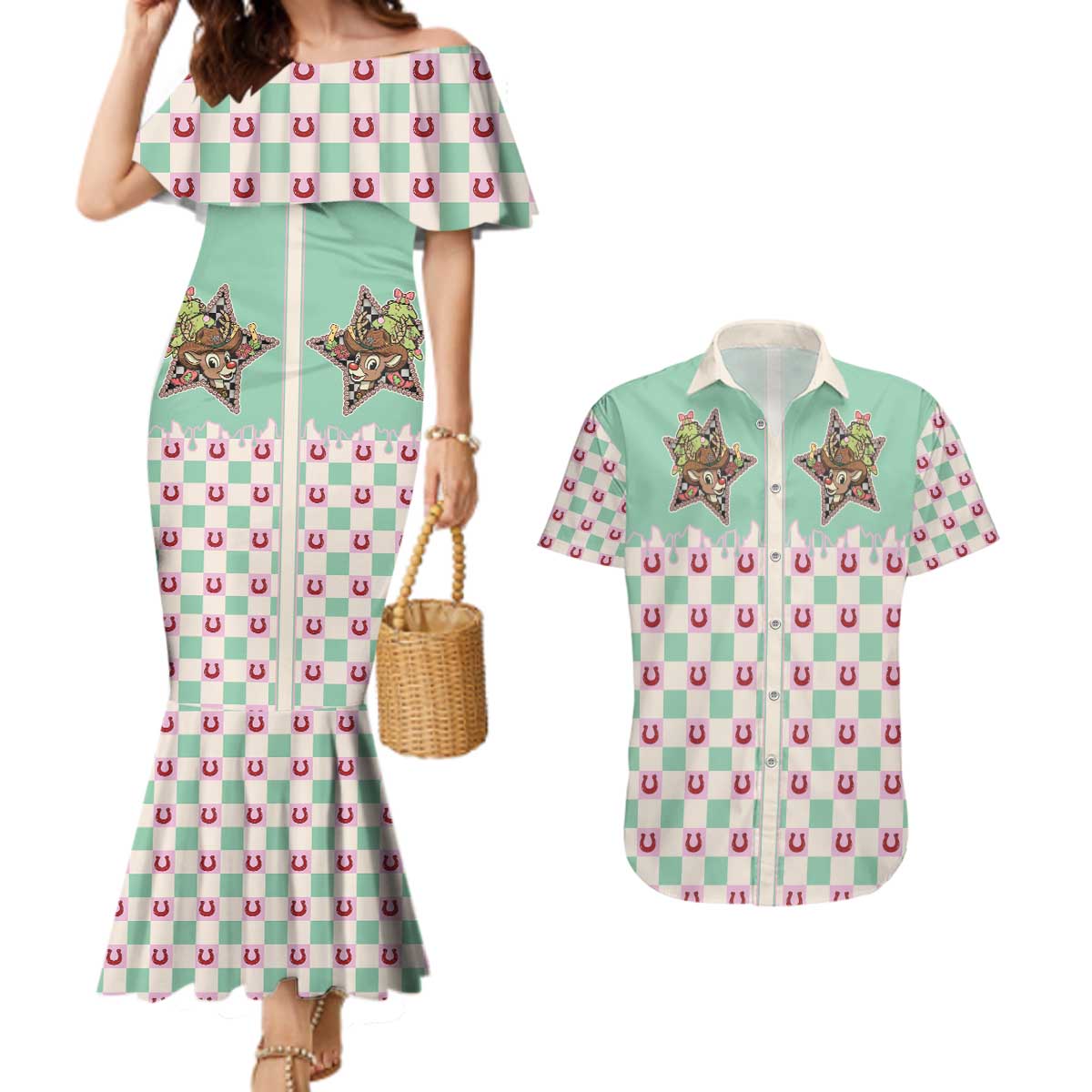 Western Yoke Couples Matching Mermaid Dress and Hawaiian Shirt Rudolph Cowboy Christmas Retro Style - Wonder Print Shop
