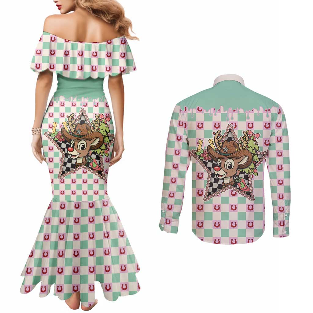 Western Yoke Couples Matching Mermaid Dress and Long Sleeve Button Shirt Rudolph Cowboy Christmas Retro Style - Wonder Print Shop