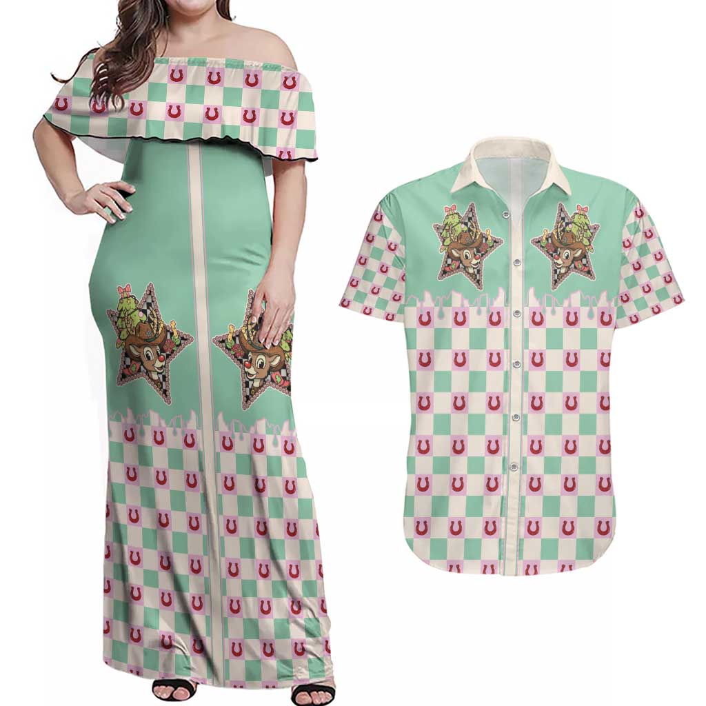 Western Yoke Couples Matching Off Shoulder Maxi Dress and Hawaiian Shirt Rudolph Cowboy Christmas Retro Style - Wonder Print Shop