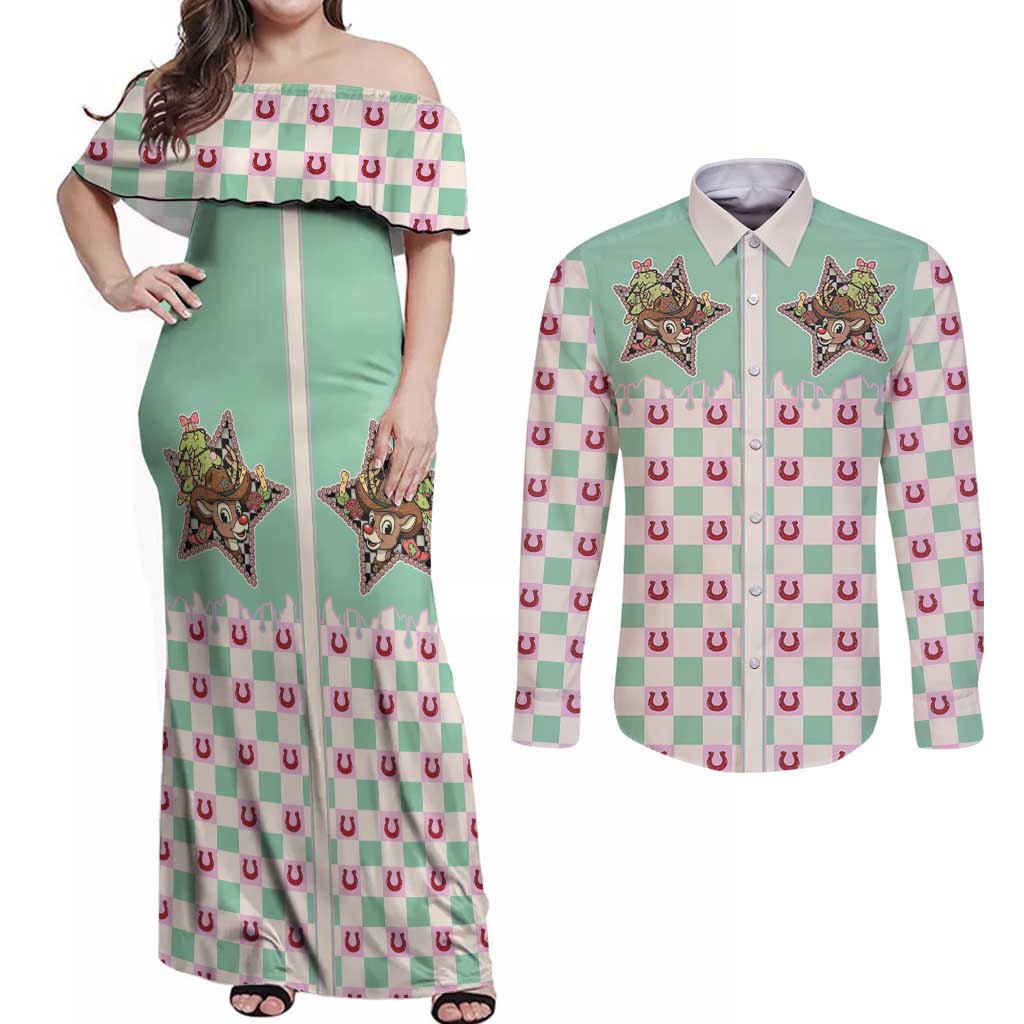 Western Yoke Couples Matching Off Shoulder Maxi Dress and Long Sleeve Button Shirt Rudolph Cowboy Christmas Retro Style - Wonder Print Shop