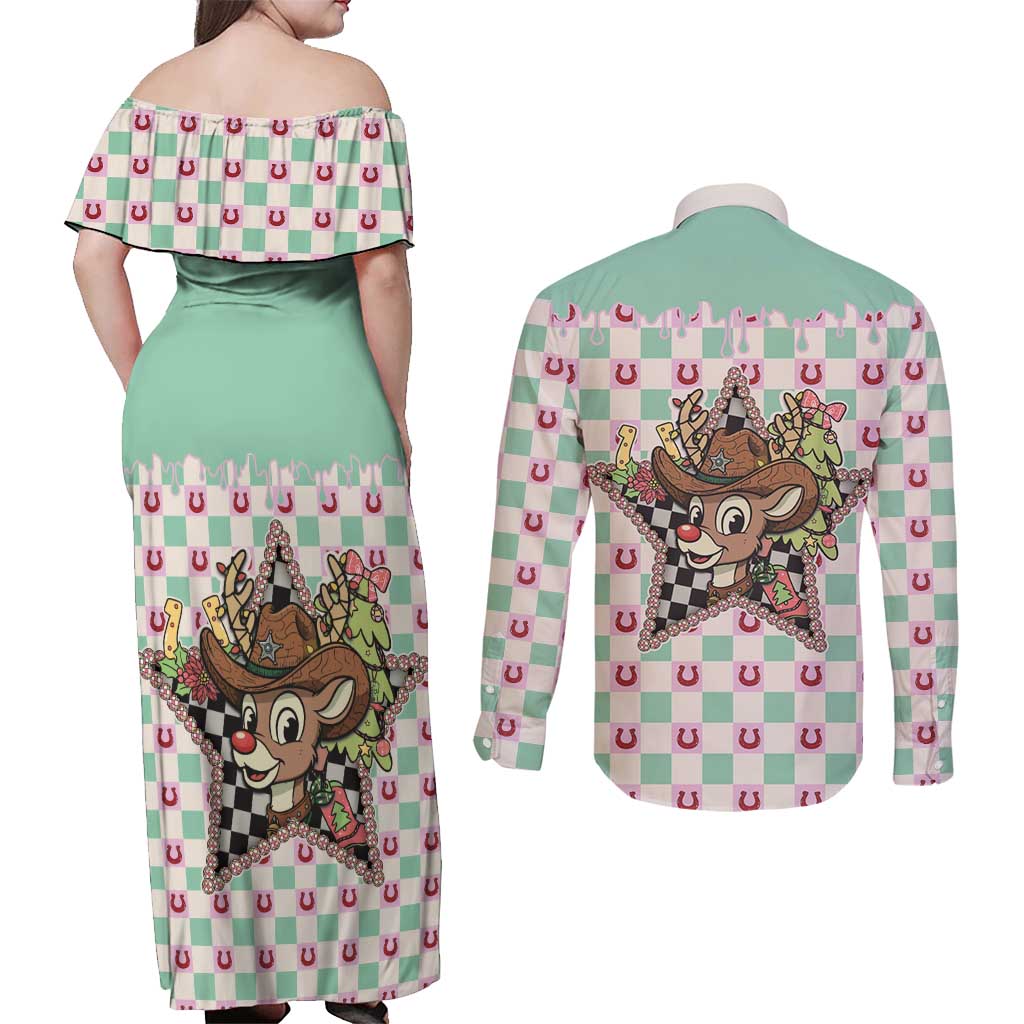 Western Yoke Couples Matching Off Shoulder Maxi Dress and Long Sleeve Button Shirt Rudolph Cowboy Christmas Retro Style - Wonder Print Shop