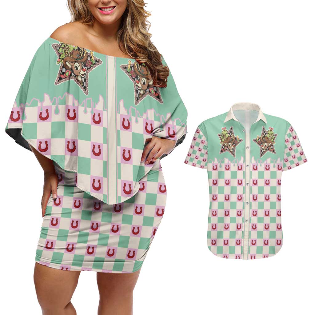 Western Yoke Couples Matching Off Shoulder Short Dress and Hawaiian Shirt Rudolph Cowboy Christmas Retro Style - Wonder Print Shop